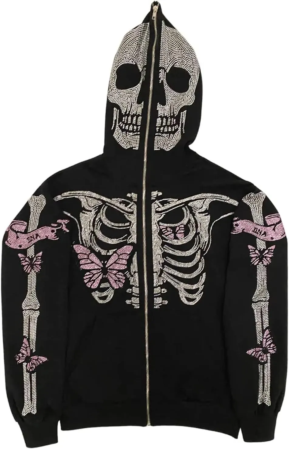 Y2K Hoodie Full Zip Up Hoodie Over Face Women Men Skeleton Skull Print Hooded Aesthetic Sweatshirts
