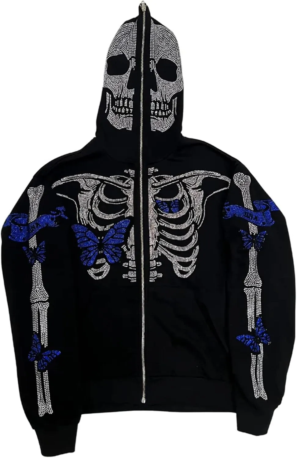 Y2K Hoodie Full Zip Up Hoodie Over Face Women Men Skeleton Skull Print Hooded Aesthetic Sweatshirts