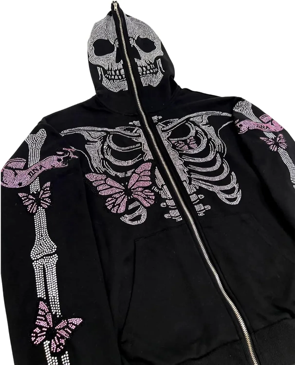 Y2K Hoodie Full Zip Up Hoodie Over Face Women Men Skeleton Skull Print Hooded Aesthetic Sweatshirts