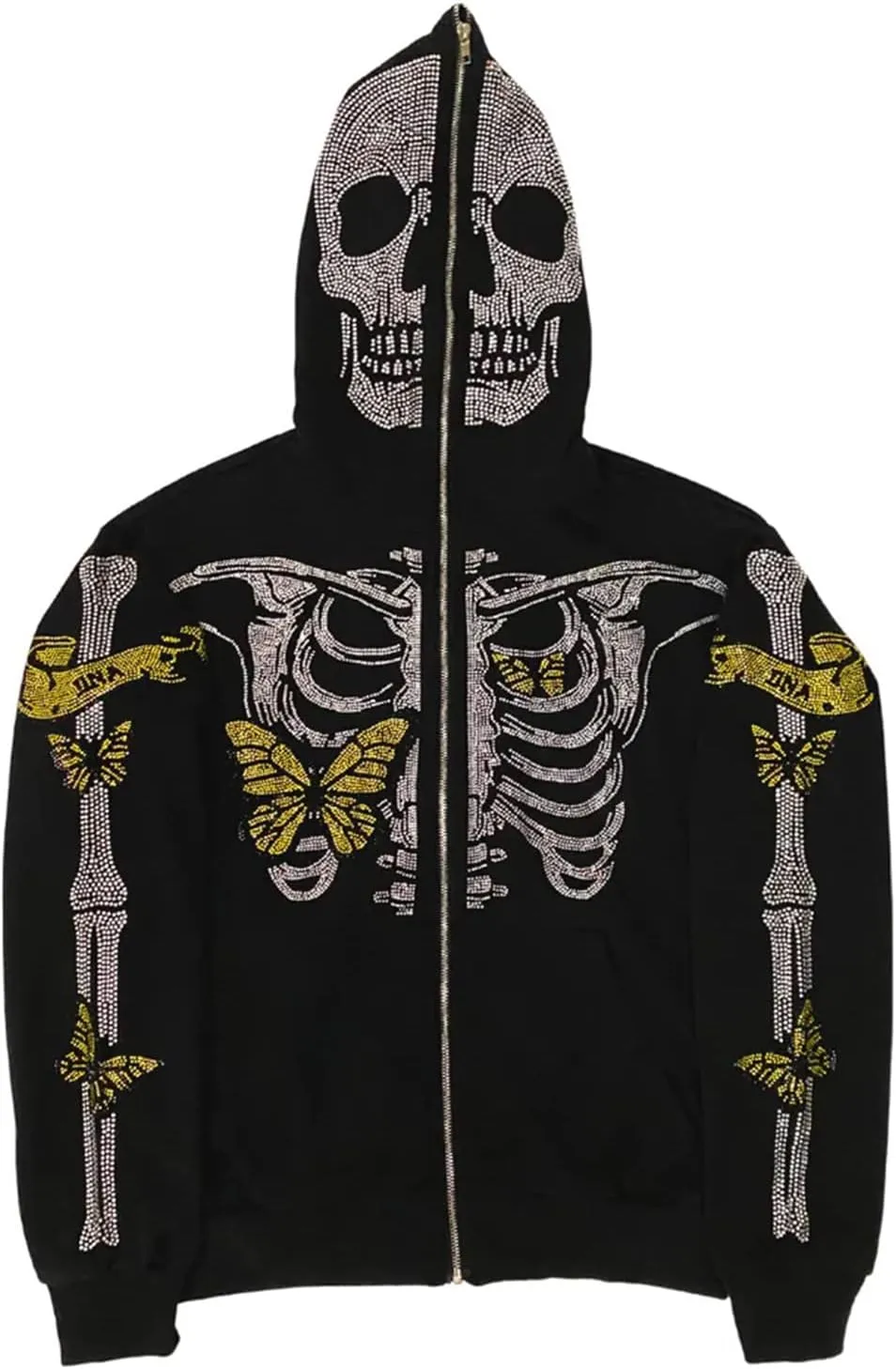 Y2K Hoodie Full Zip Up Hoodie Over Face Women Men Skeleton Skull Print Hooded Aesthetic Sweatshirts