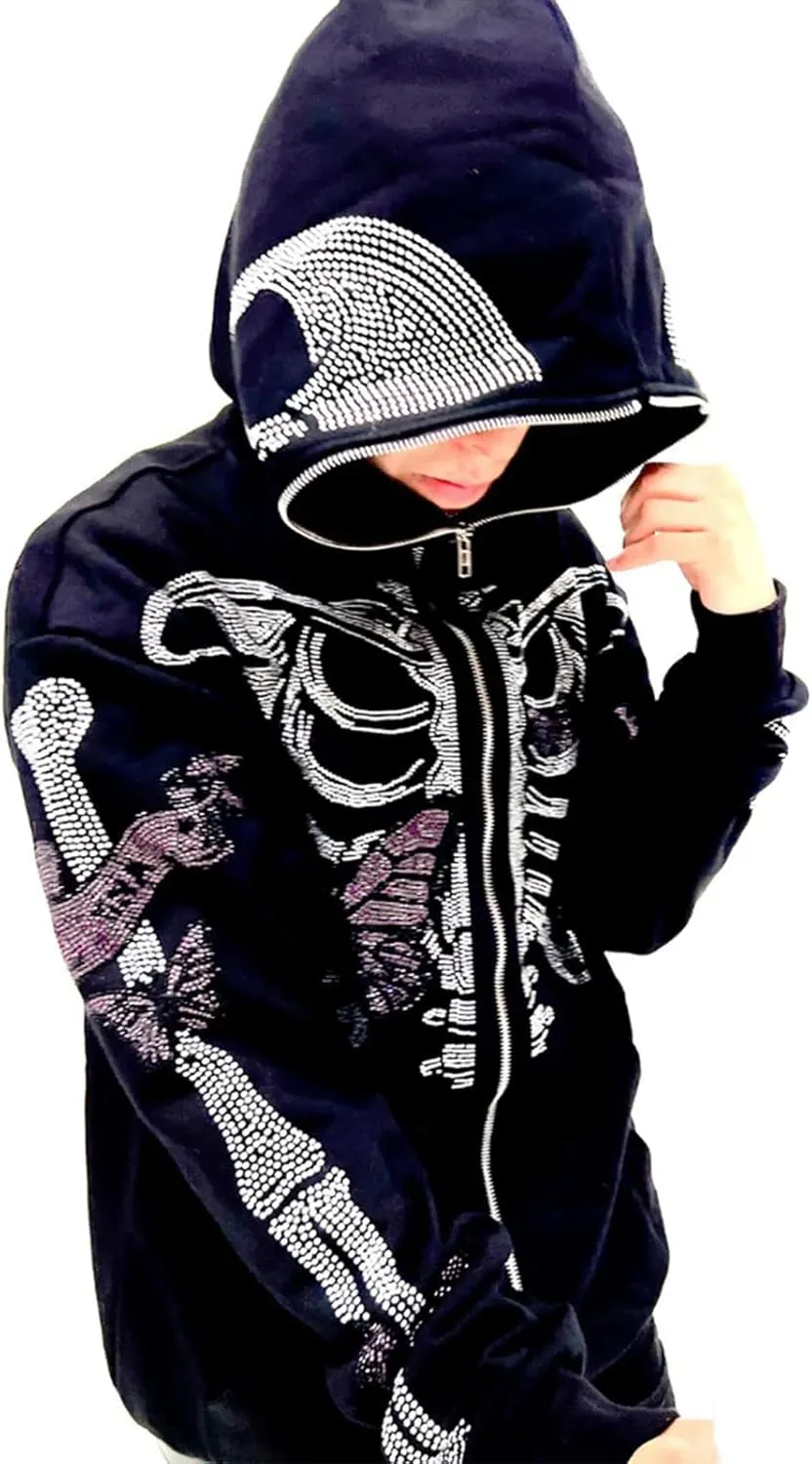 Y2K Hoodie Full Zip Up Hoodie Over Face Women Men Skeleton Skull Print Hooded Aesthetic Sweatshirts