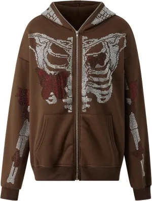 Y2K Hoodie Full Zip Up Hoodie Over Face Women Men Skeleton Skull Print Hooded Aesthetic Sweatshirts