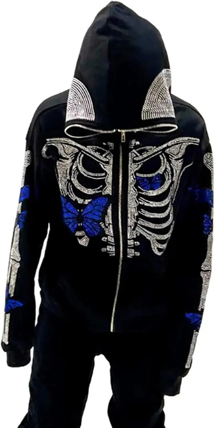 Y2K Hoodie Full Zip Up Hoodie Over Face Women Men Skeleton Skull Print Hooded Aesthetic Sweatshirts
