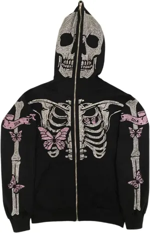 Y2K Hoodie Full Zip Up Hoodie Over Face Women Men Skeleton Skull Print Hooded Aesthetic Sweatshirts