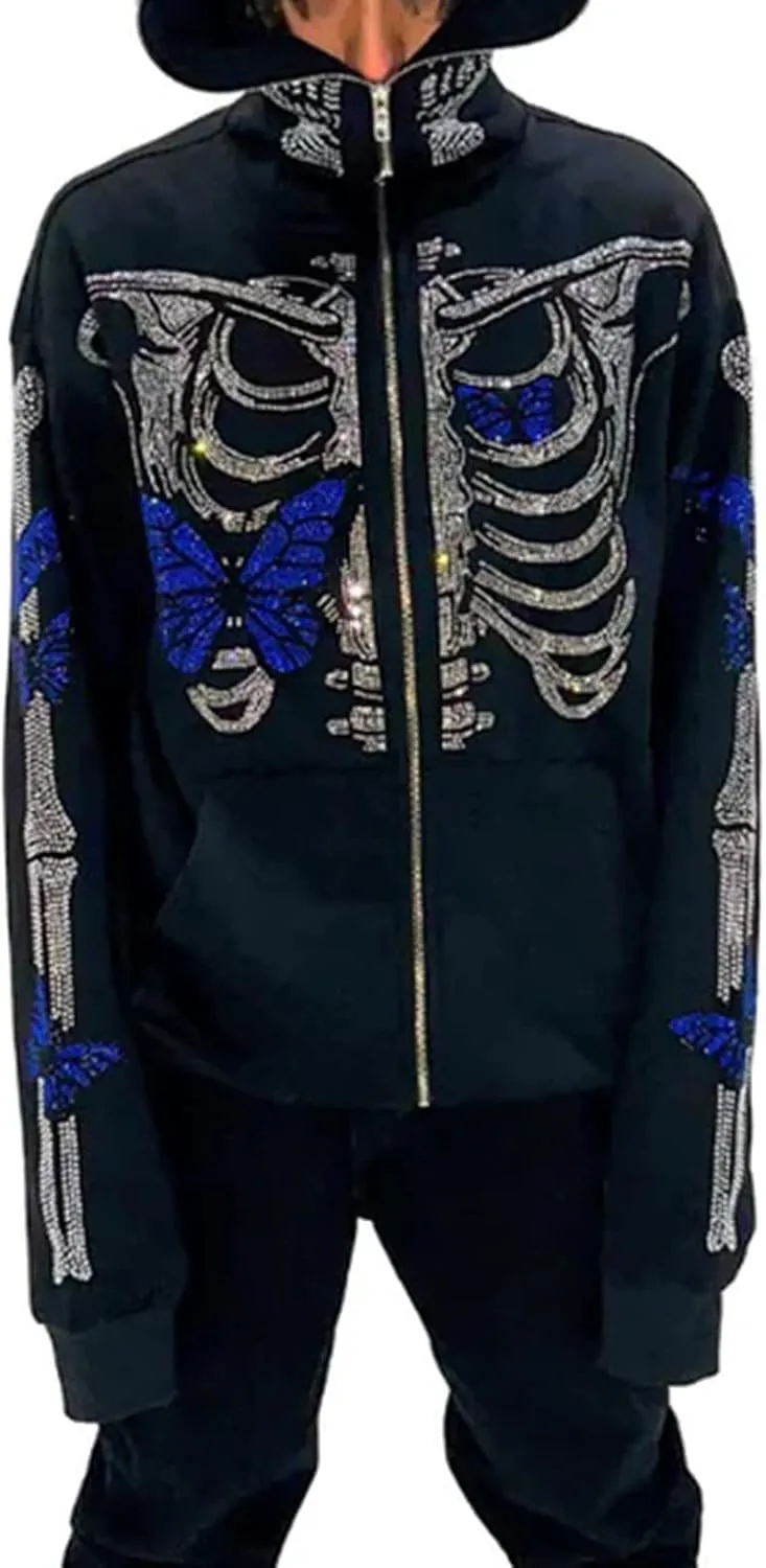 Y2K Hoodie Full Zip Up Hoodie Over Face Women Men Skeleton Skull Print Hooded Aesthetic Sweatshirts