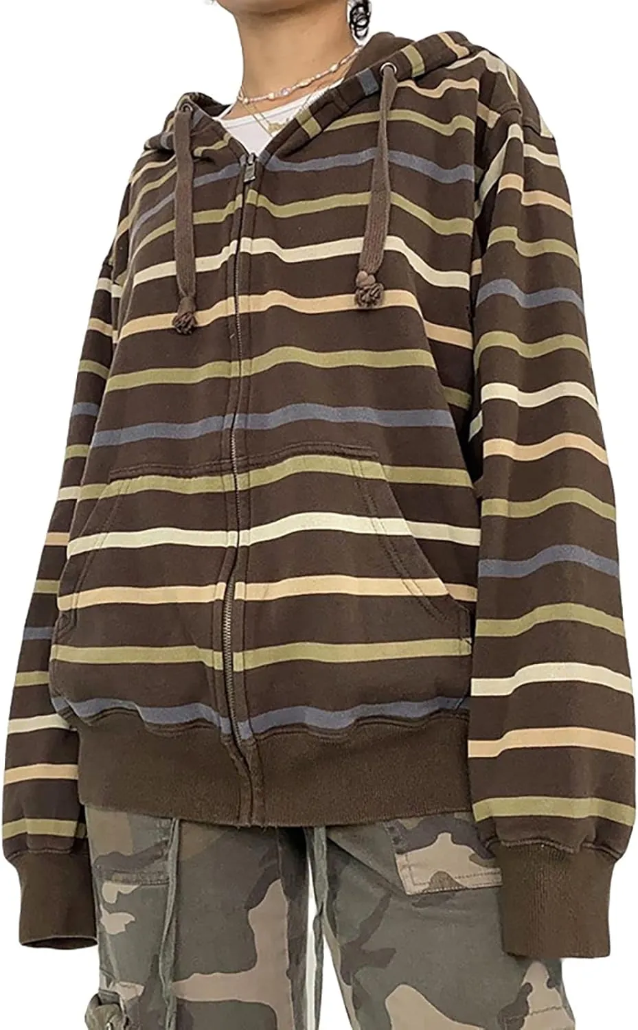Y2k Zip Up Striped Hoodie Women Oversized Goth Sweatshirt E-Girl Grunge Long Sleeve Graphic Jacket Fall Streetwear