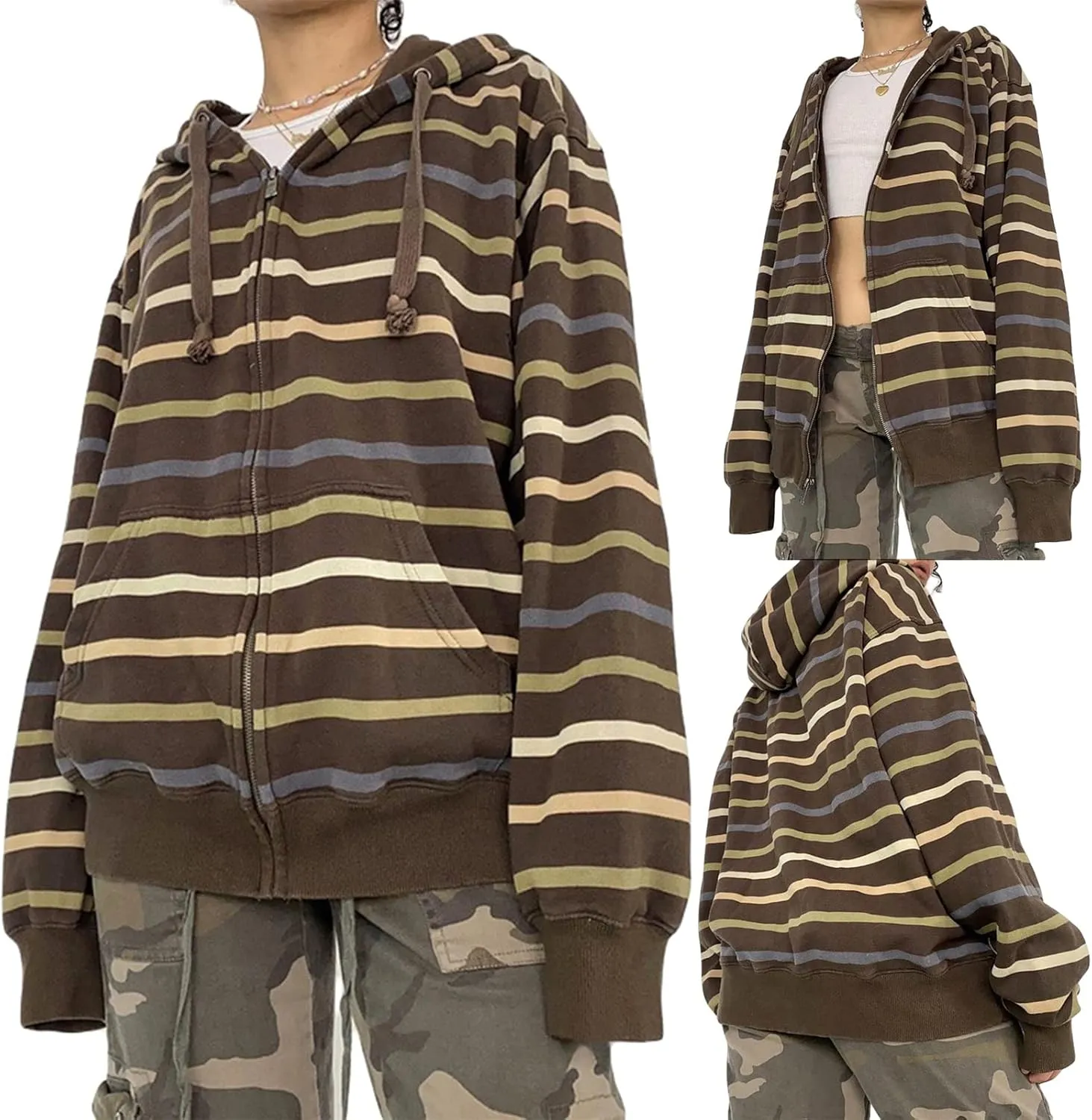 Y2k Zip Up Striped Hoodie Women Oversized Goth Sweatshirt E-Girl Grunge Long Sleeve Graphic Jacket Fall Streetwear