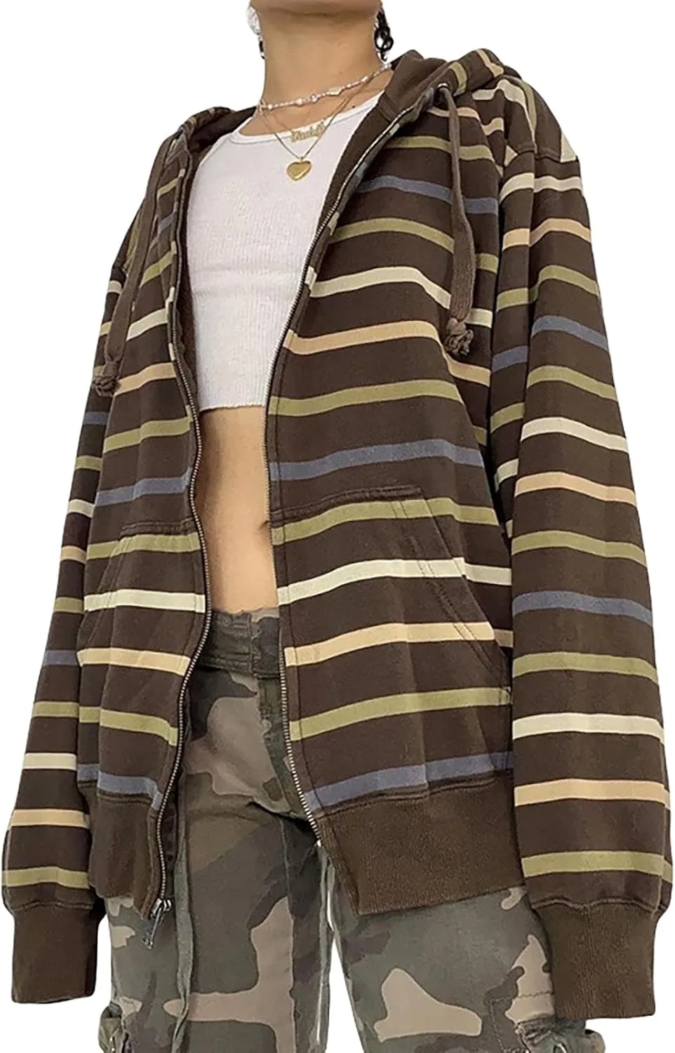 Y2k Zip Up Striped Hoodie Women Oversized Goth Sweatshirt E-Girl Grunge Long Sleeve Graphic Jacket Fall Streetwear