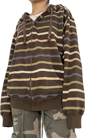 Y2k Zip Up Striped Hoodie Women Oversized Goth Sweatshirt E-Girl Grunge Long Sleeve Graphic Jacket Fall Streetwear