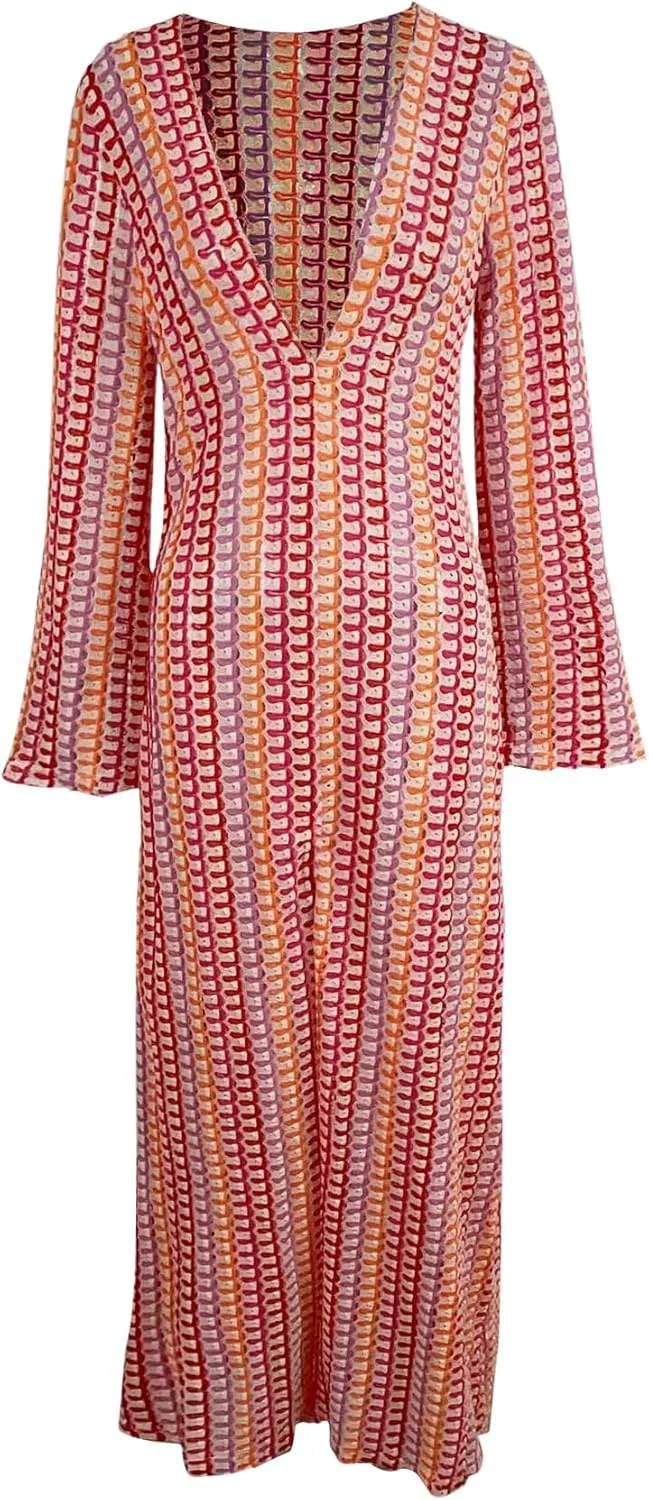 Yimoon Womens Striped Maxi Dress Long Knit Beach Dresses Loose Fit Sexy Summer Contrast Color Side Slit Hollow Out Sundress(Red-M)