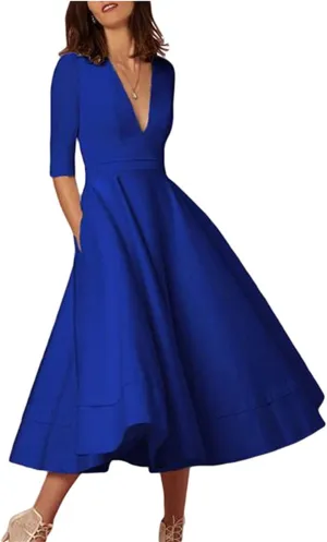 YMING Womens Vintage Deep V Neck Cocktail Dress 3/4 Sleeve Pleated Swing Dress Solid Color Maxi Dresses with Pockets