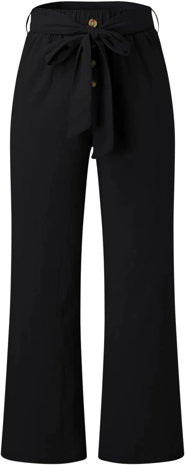 YOLAI Womens Button Down Cotton Linen Pant High Waist Casual Business Work Trousers Summer Lightweight Wide Leg Trousers