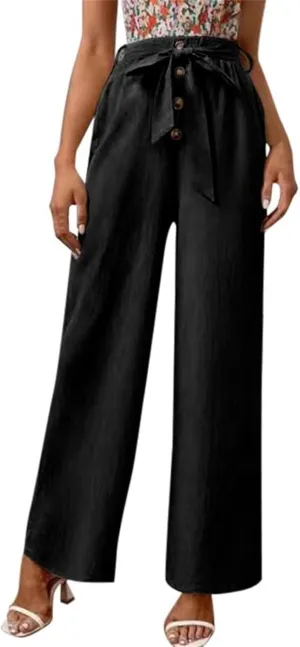 YOLAI Womens Button Down Cotton Linen Pant High Waist Casual Business Work Trousers Summer Lightweight Wide Leg Trousers