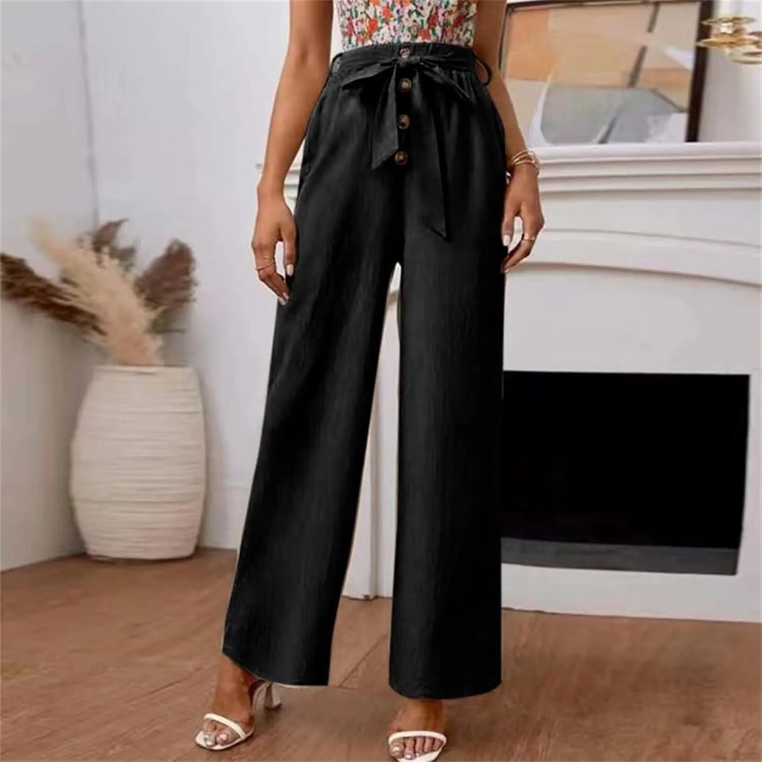 YOLAI Womens Button Down Cotton Linen Pant High Waist Casual Business Work Trousers Summer Lightweight Wide Leg Trousers