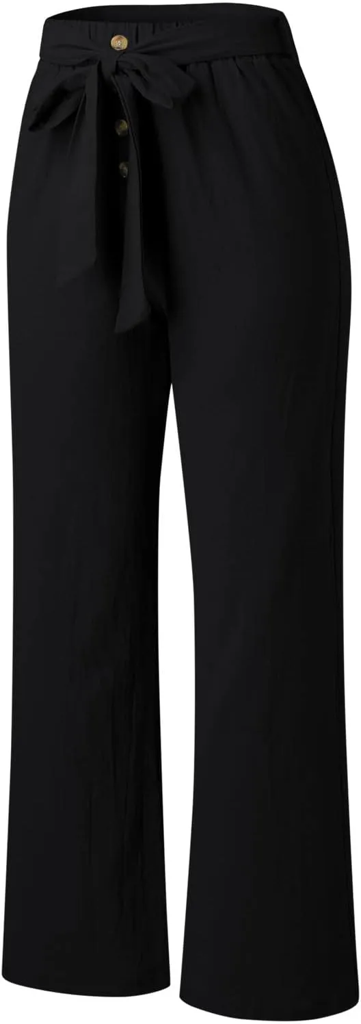 YOLAI Womens Button Down Cotton Linen Pant High Waist Casual Business Work Trousers Summer Lightweight Wide Leg Trousers