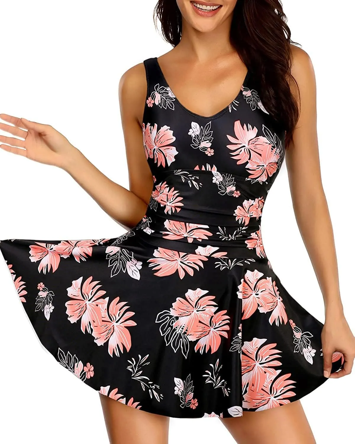 Yonique One Piece Swimsuits for Women Modest Tummy Control Swimdress Vintage Bathing Suits Skirt Swimwear