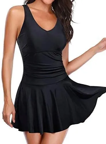 Yonique One Piece Swimsuits for Women Modest Tummy Control Swimdress Vintage Bathing Suits Skirt Swimwear