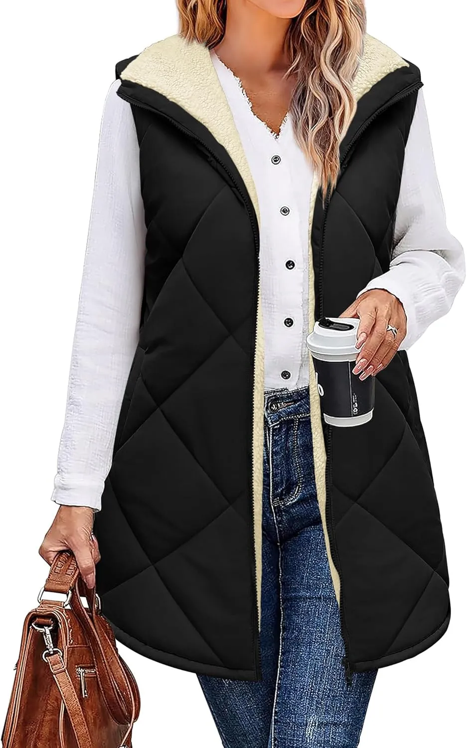 Zeagoo Womens 2025 Reversible Vest Sleeveless Fleece Jacket Double Zip Up Long Warm Winter Coat Outerwear with Pockets