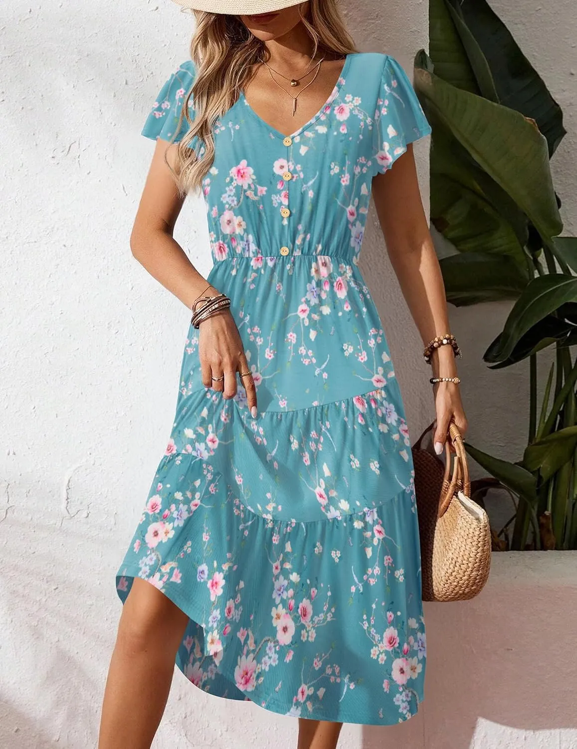 Zeagoo Women's Summer Casual Dress Flutter Short Sleeve V Neck Button Down Tiered Flowy Long Dress with Pockets