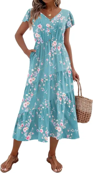 Zeagoo Women's Summer Casual Dress Flutter Short Sleeve V Neck Button Down Tiered Flowy Long Dress with Pockets