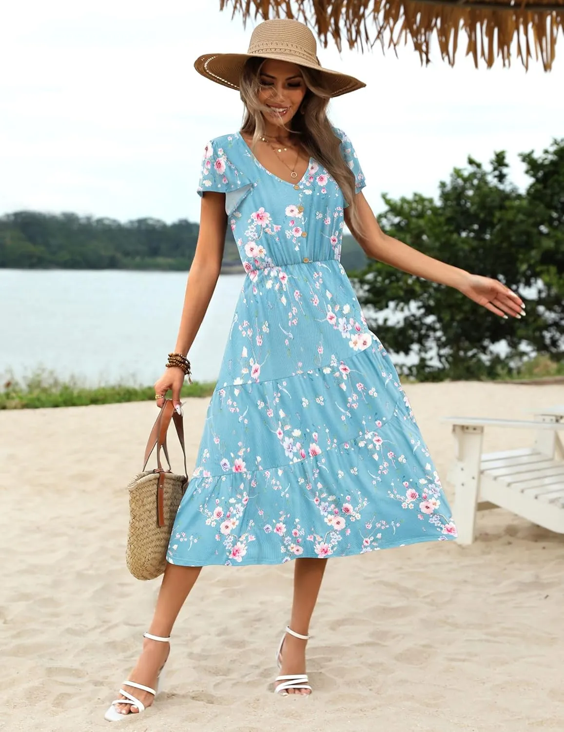 Zeagoo Women's Summer Casual Dress Flutter Short Sleeve V Neck Button Down Tiered Flowy Long Dress with Pockets