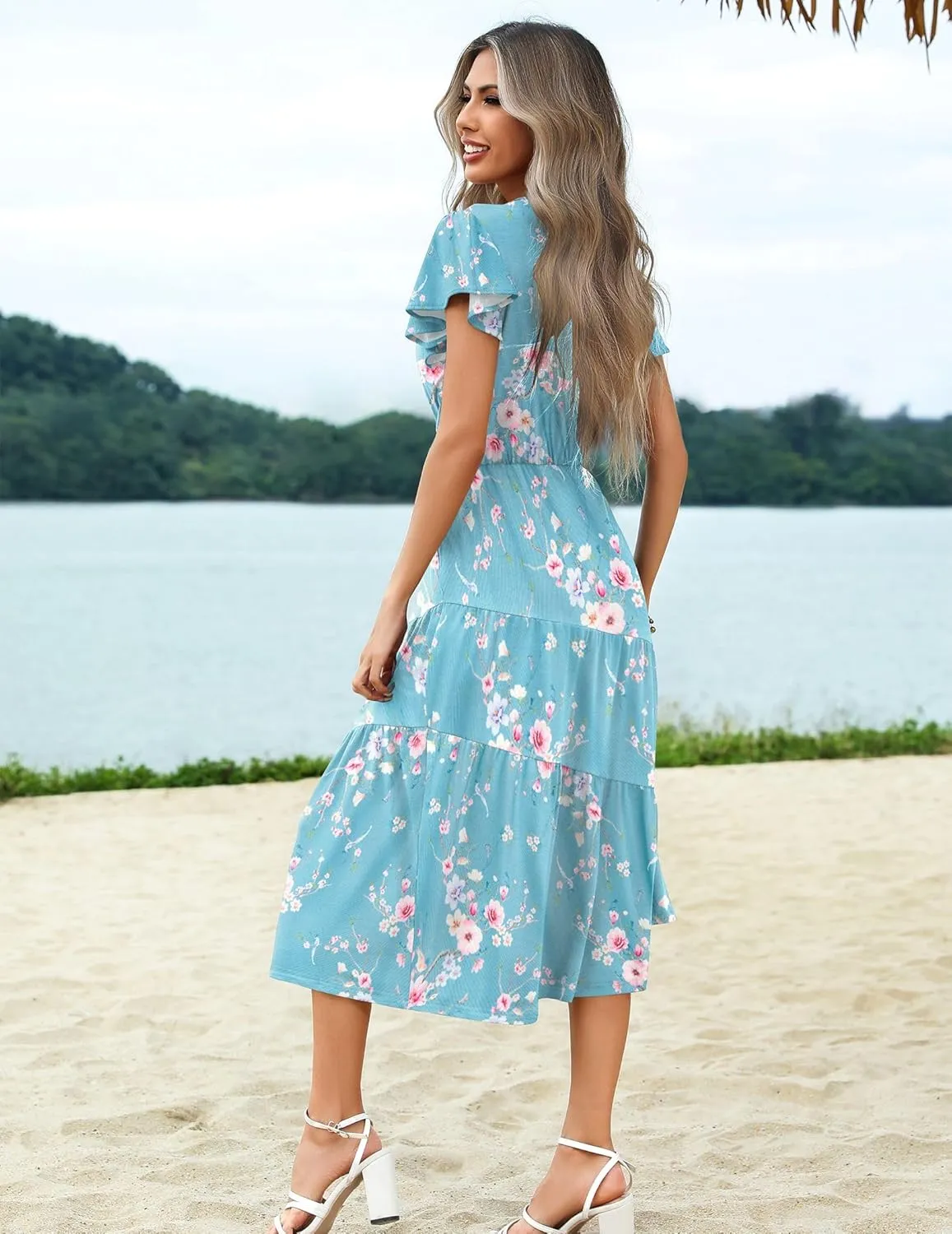 Zeagoo Women's Summer Casual Dress Flutter Short Sleeve V Neck Button Down Tiered Flowy Long Dress with Pockets