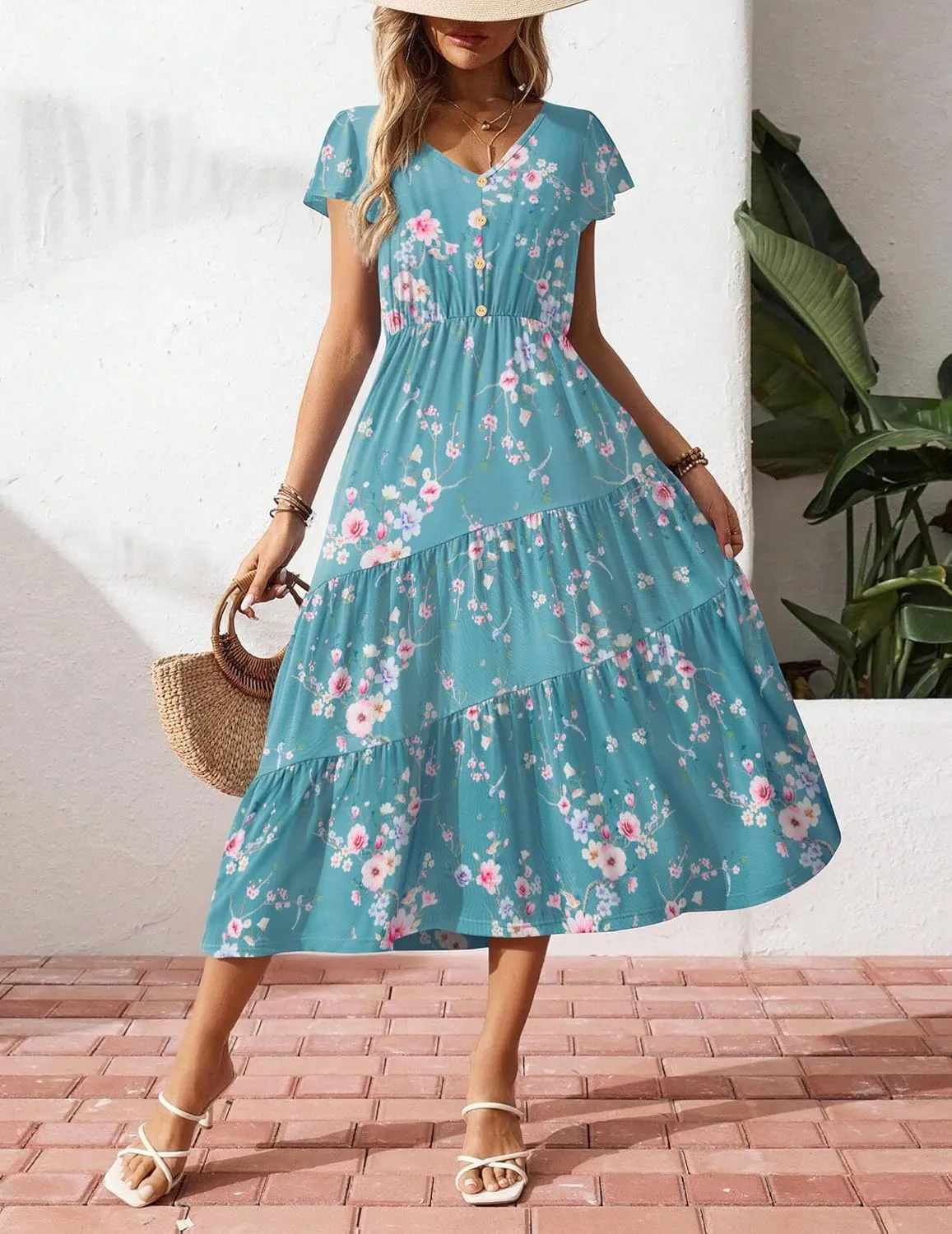 Zeagoo Women's Summer Casual Dress Flutter Short Sleeve V Neck Button Down Tiered Flowy Long Dress with Pockets