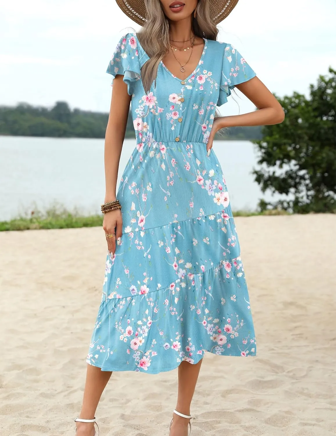 Zeagoo Women's Summer Casual Dress Flutter Short Sleeve V Neck Button Down Tiered Flowy Long Dress with Pockets