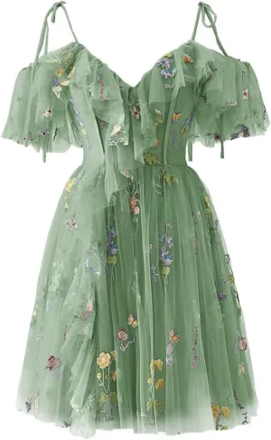 Zepumen Flower Embroidery Homecoming Dresses for Teens Short Ruffle Tulle Mini Prom Party Gowns