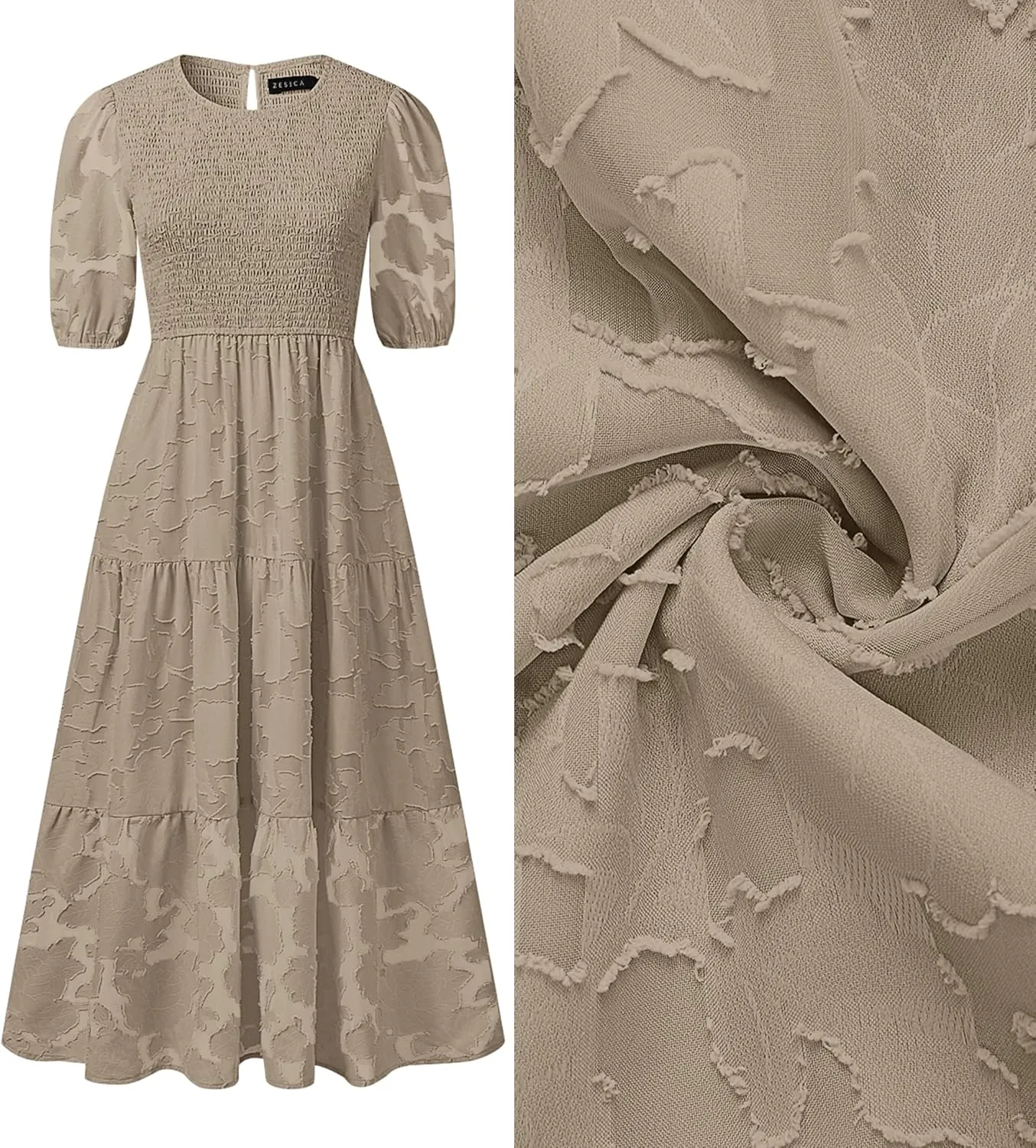 ZESICA Women's 2025 Summer Short Puff Sleeve Crewneck Smocked Floral Lace Flowy A Line Tiered Maxi Dresses