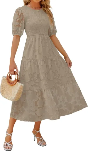 ZESICA Women's 2025 Summer Short Puff Sleeve Crewneck Smocked Floral Lace Flowy A Line Tiered Maxi Dresses