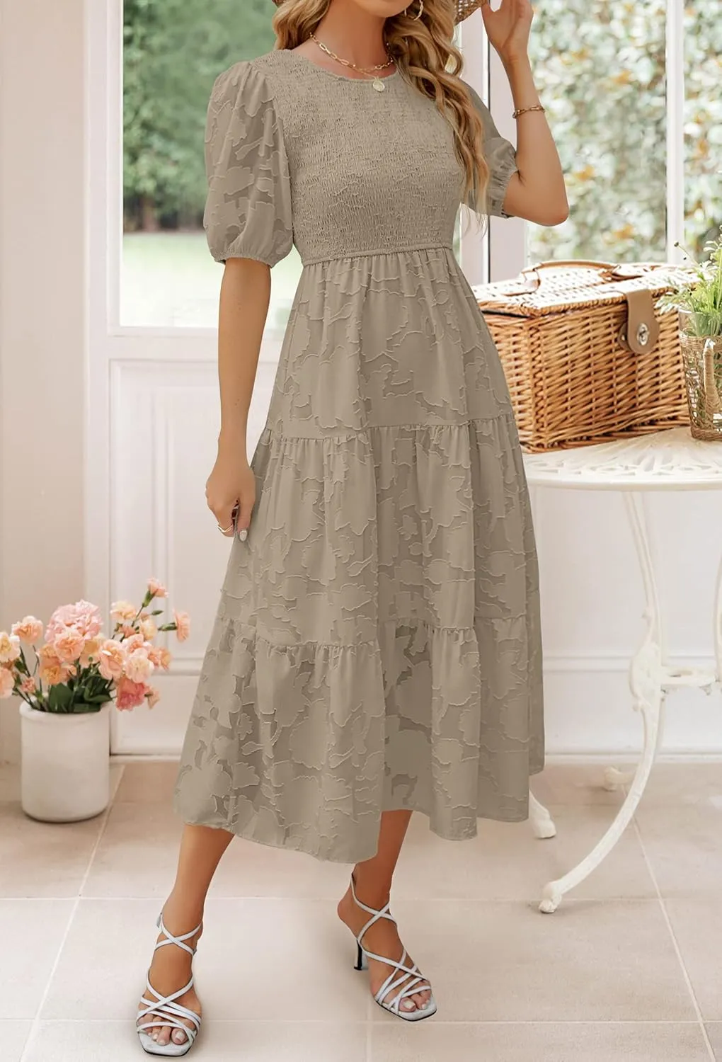ZESICA Women's 2025 Summer Short Puff Sleeve Crewneck Smocked Floral Lace Flowy A Line Tiered Maxi Dresses