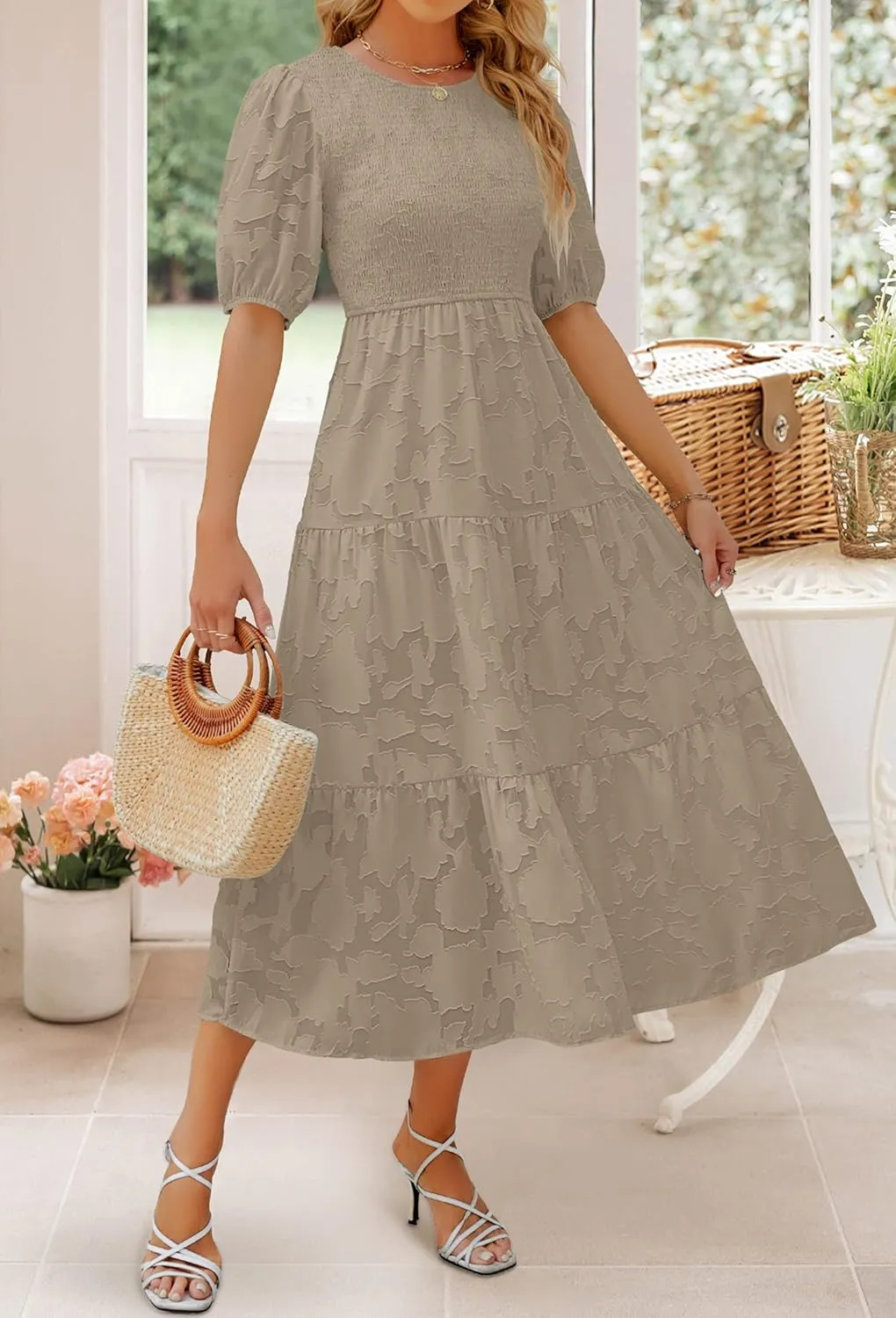 ZESICA Women's 2025 Summer Short Puff Sleeve Crewneck Smocked Floral Lace Flowy A Line Tiered Maxi Dresses