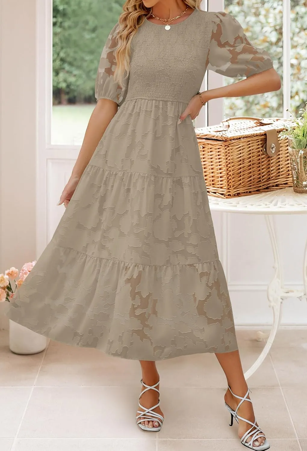 ZESICA Women's 2025 Summer Short Puff Sleeve Crewneck Smocked Floral Lace Flowy A Line Tiered Maxi Dresses