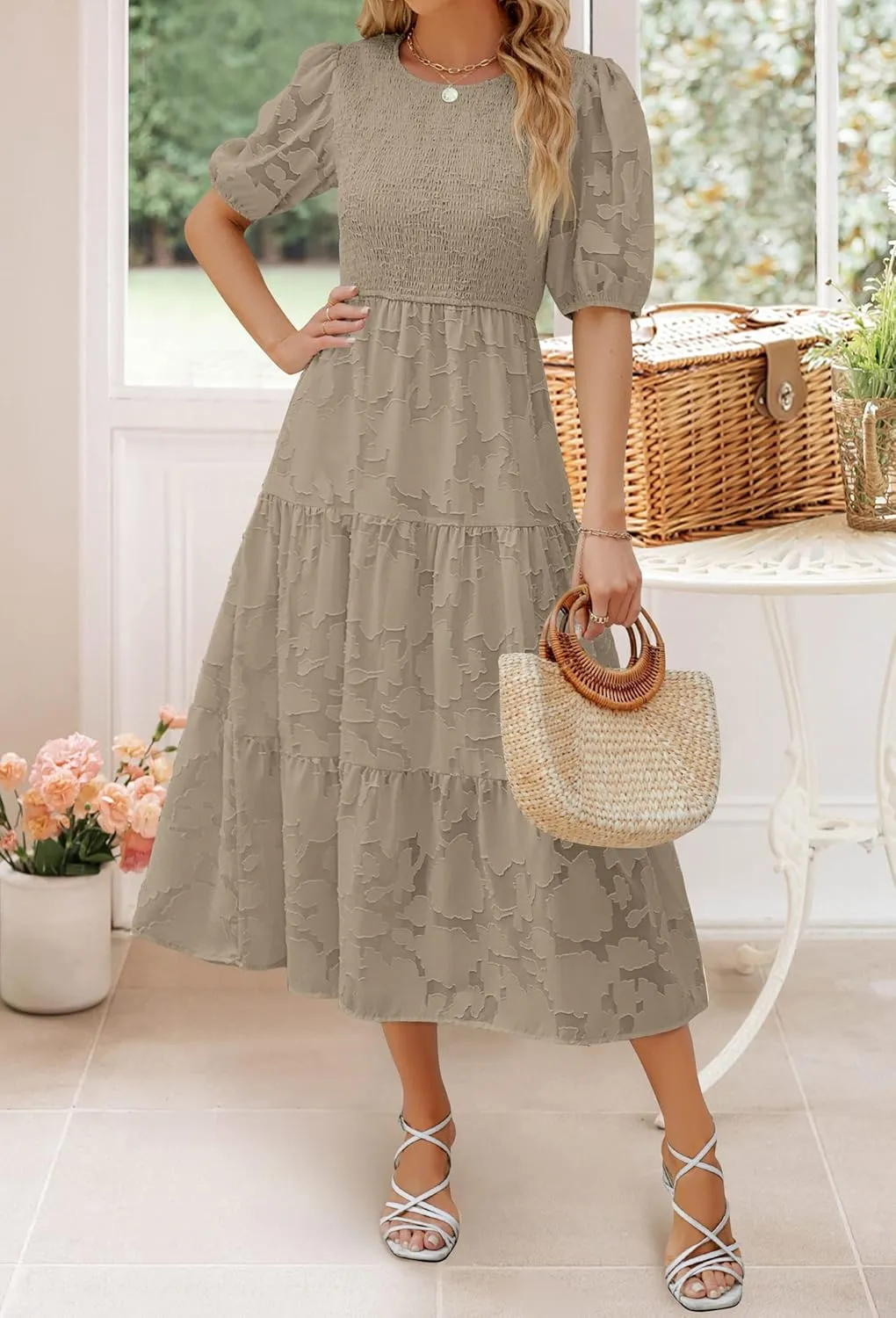 ZESICA Women's 2025 Summer Short Puff Sleeve Crewneck Smocked Floral Lace Flowy A Line Tiered Maxi Dresses