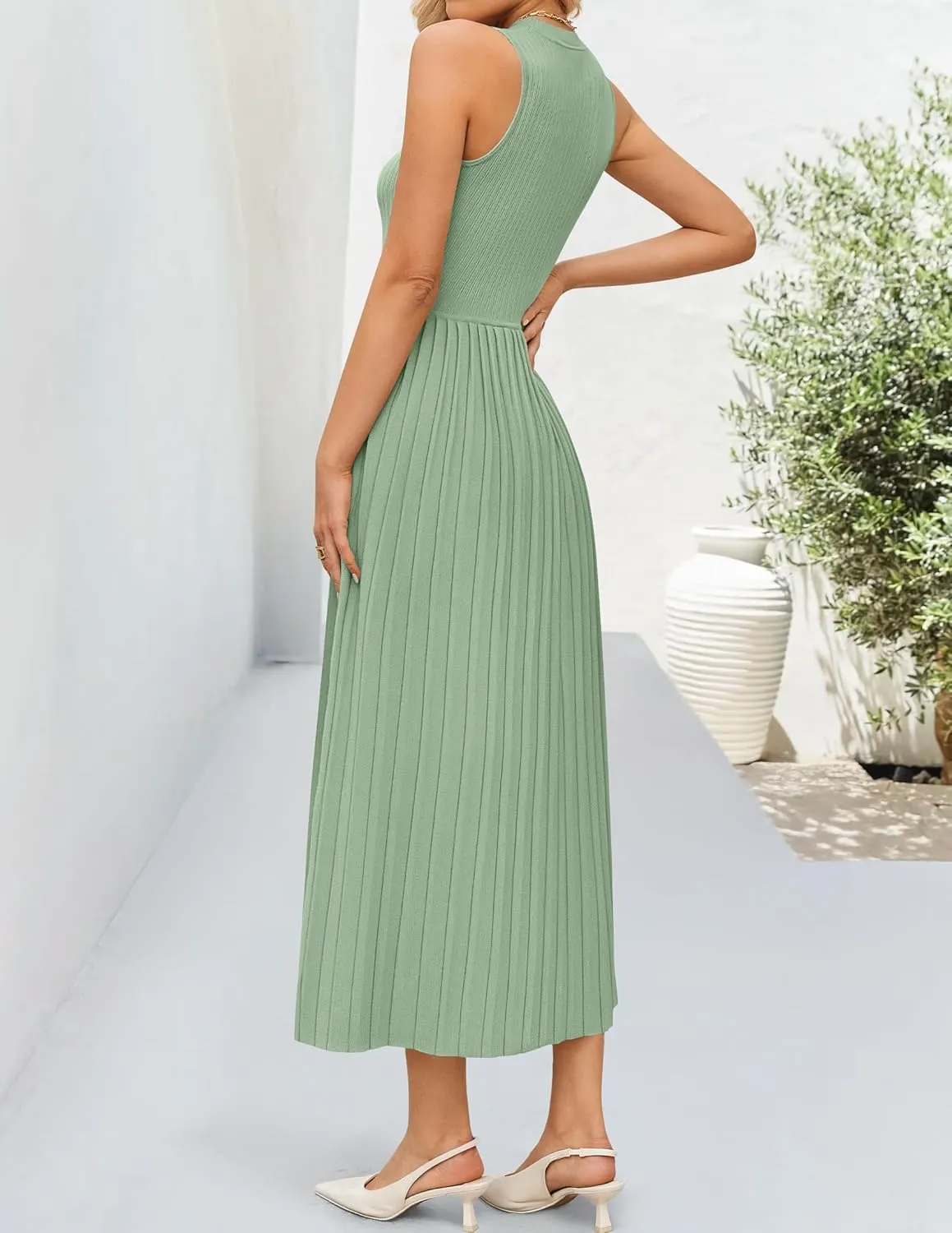 ZESICA Women's 2025 Summer Sleeveless Midi Dresses Casual Crewneck Ribbed Knit Pleated A Line Swing Long Party Dress