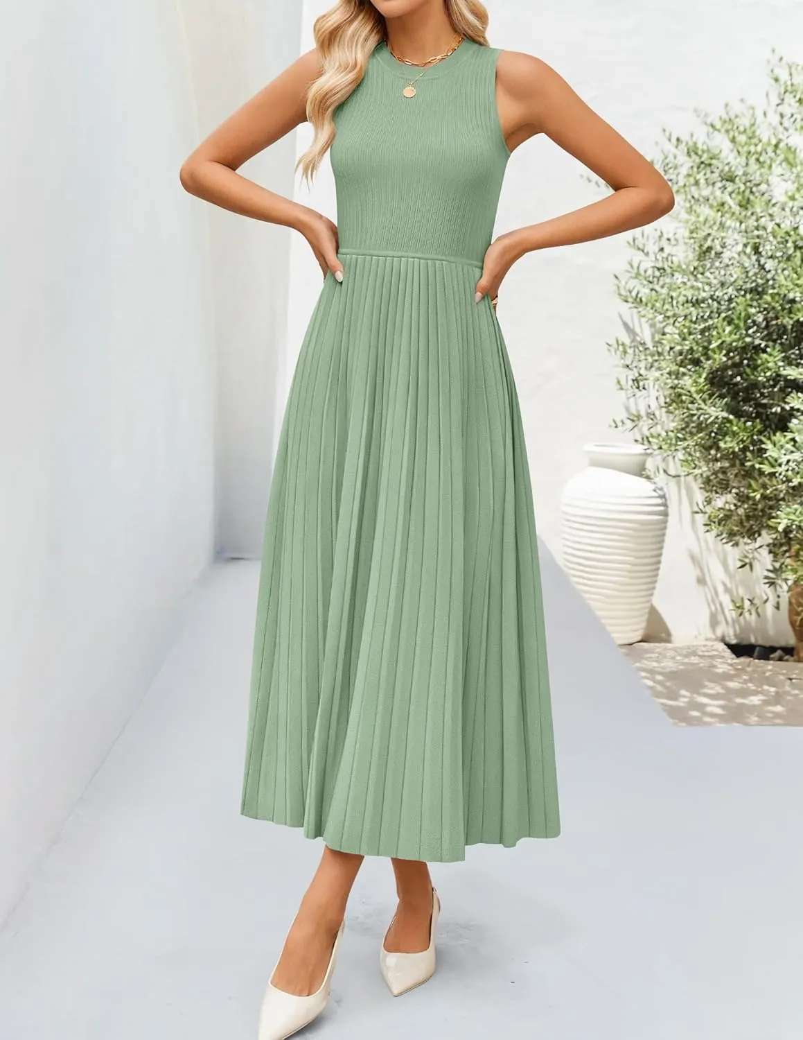 ZESICA Women's 2025 Summer Sleeveless Midi Dresses Casual Crewneck Ribbed Knit Pleated A Line Swing Long Party Dress