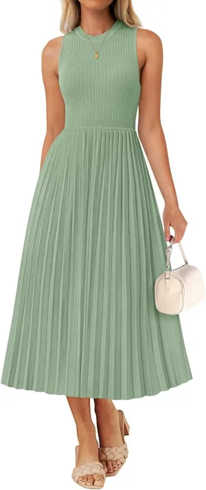 ZESICA Women's 2025 Summer Sleeveless Midi Dresses Casual Crewneck Ribbed Knit Pleated A Line Swing Long Party Dress