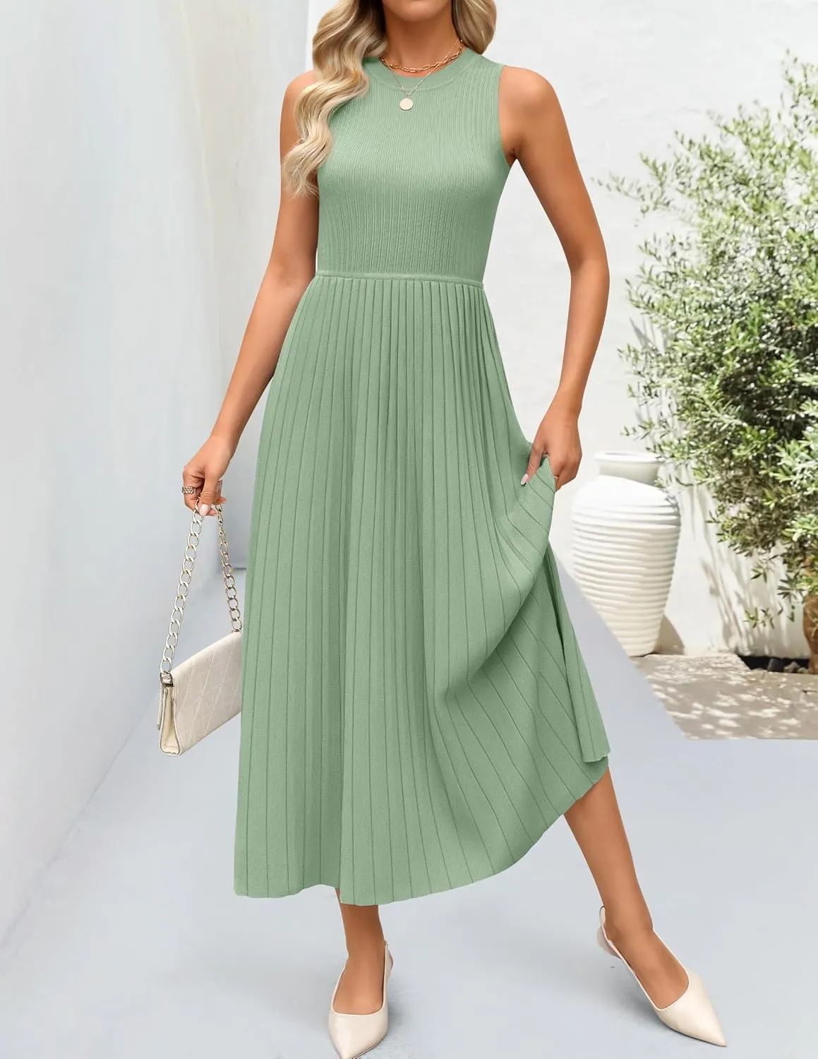 ZESICA Women's 2025 Summer Sleeveless Midi Dresses Casual Crewneck Ribbed Knit Pleated A Line Swing Long Party Dress