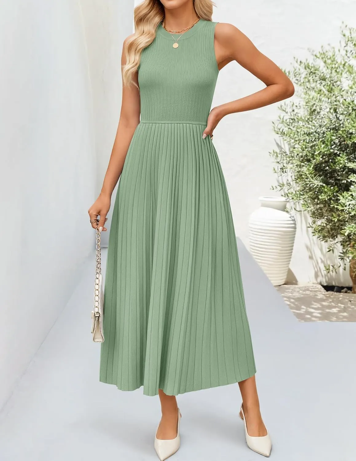 ZESICA Women's 2025 Summer Sleeveless Midi Dresses Casual Crewneck Ribbed Knit Pleated A Line Swing Long Party Dress