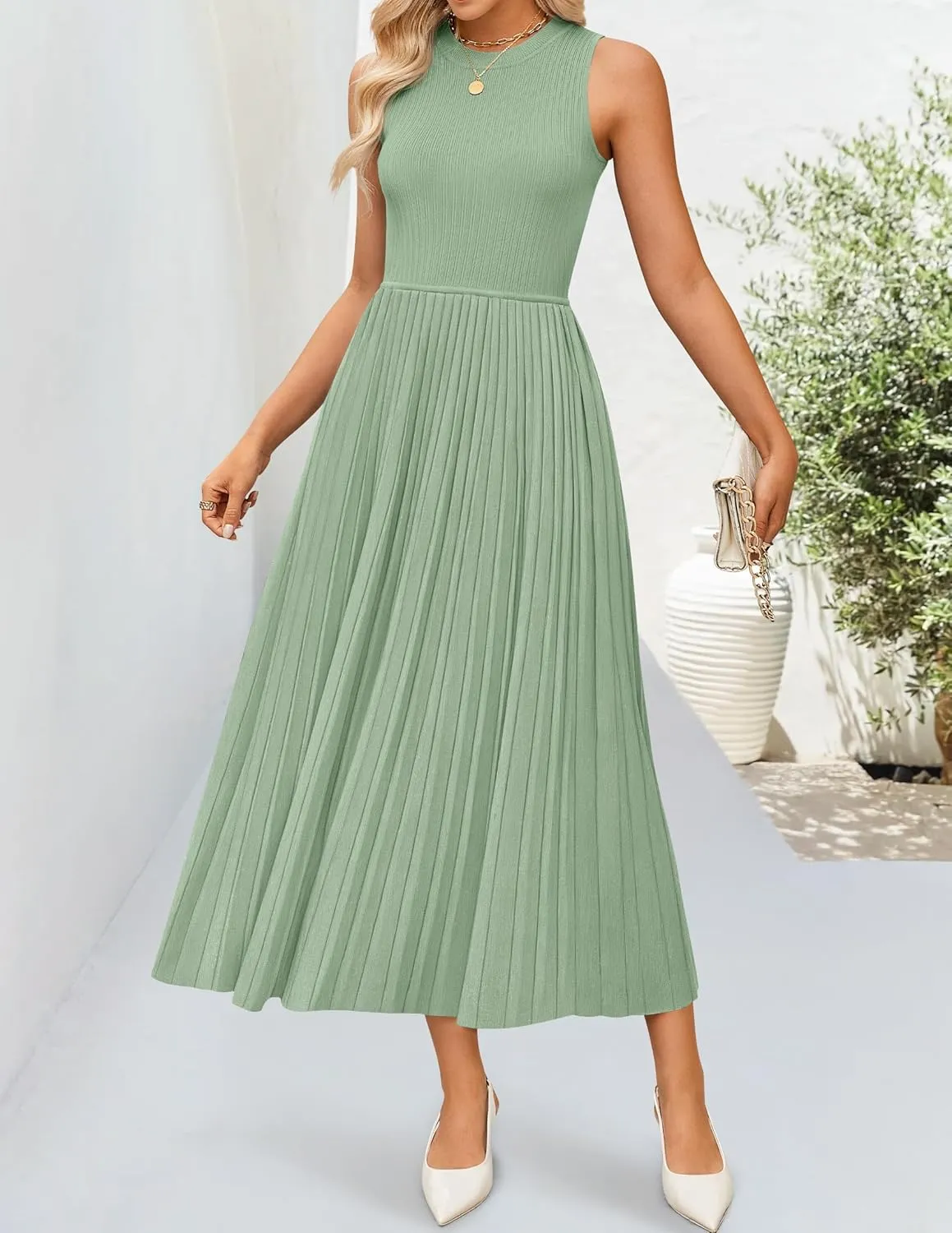 ZESICA Women's 2025 Summer Sleeveless Midi Dresses Casual Crewneck Ribbed Knit Pleated A Line Swing Long Party Dress