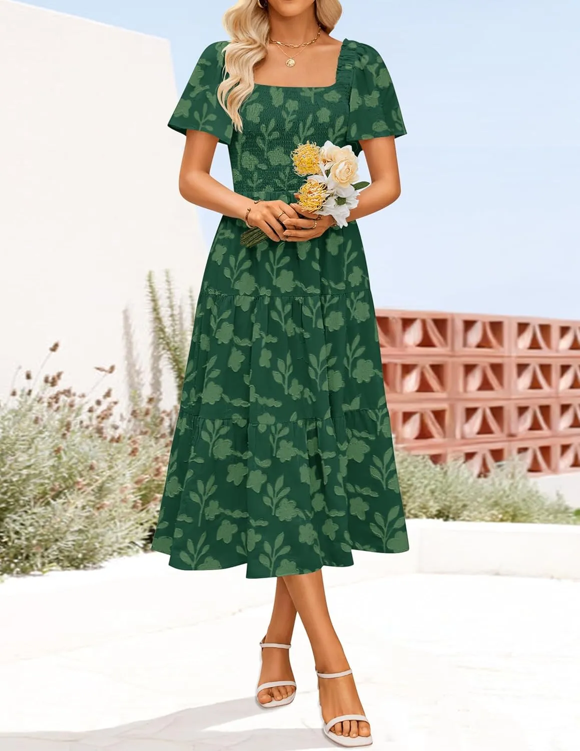 ZESICA Women's Summer Boho Floral Midi Dresses 2025 Casual Short Sleeve Square Neck Flowy Beach Vacation Long Dress