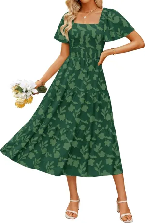 ZESICA Women's Summer Boho Floral Midi Dresses 2025 Casual Short Sleeve Square Neck Flowy Beach Vacation Long Dress