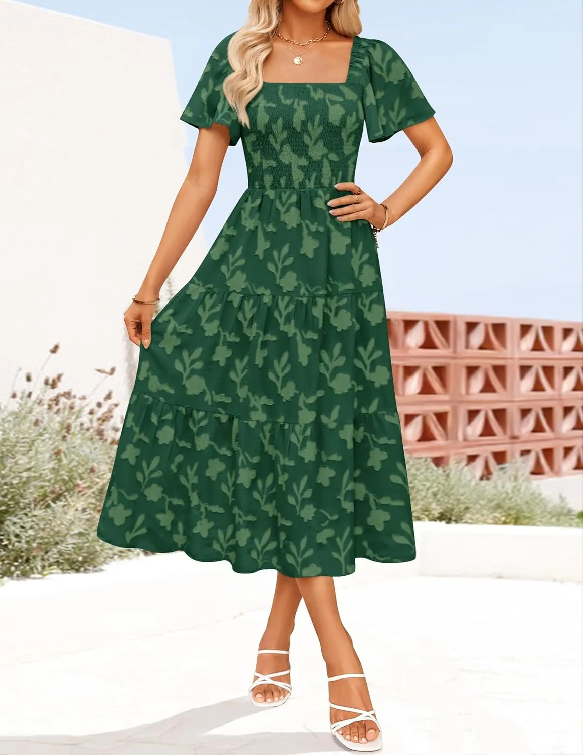 ZESICA Women's Summer Boho Floral Midi Dresses 2025 Casual Short Sleeve Square Neck Flowy Beach Vacation Long Dress