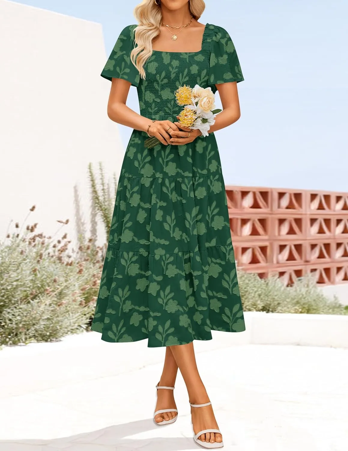 ZESICA Women's Summer Boho Floral Midi Dresses 2025 Casual Short Sleeve Square Neck Flowy Beach Vacation Long Dress