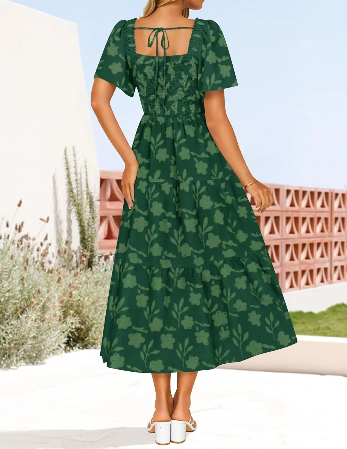 ZESICA Women's Summer Boho Floral Midi Dresses 2025 Casual Short Sleeve Square Neck Flowy Beach Vacation Long Dress