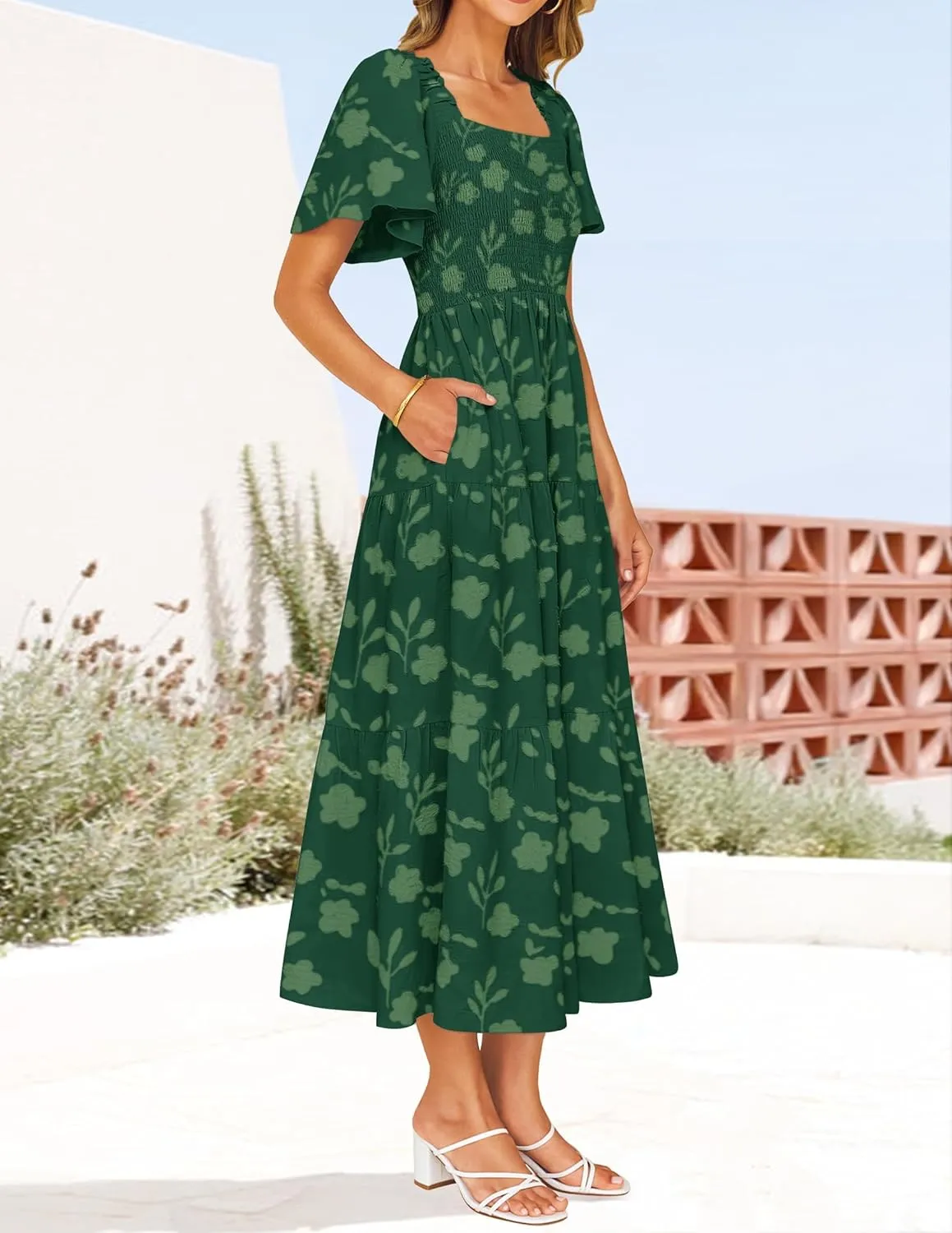 ZESICA Women's Summer Boho Floral Midi Dresses 2025 Casual Short Sleeve Square Neck Flowy Beach Vacation Long Dress