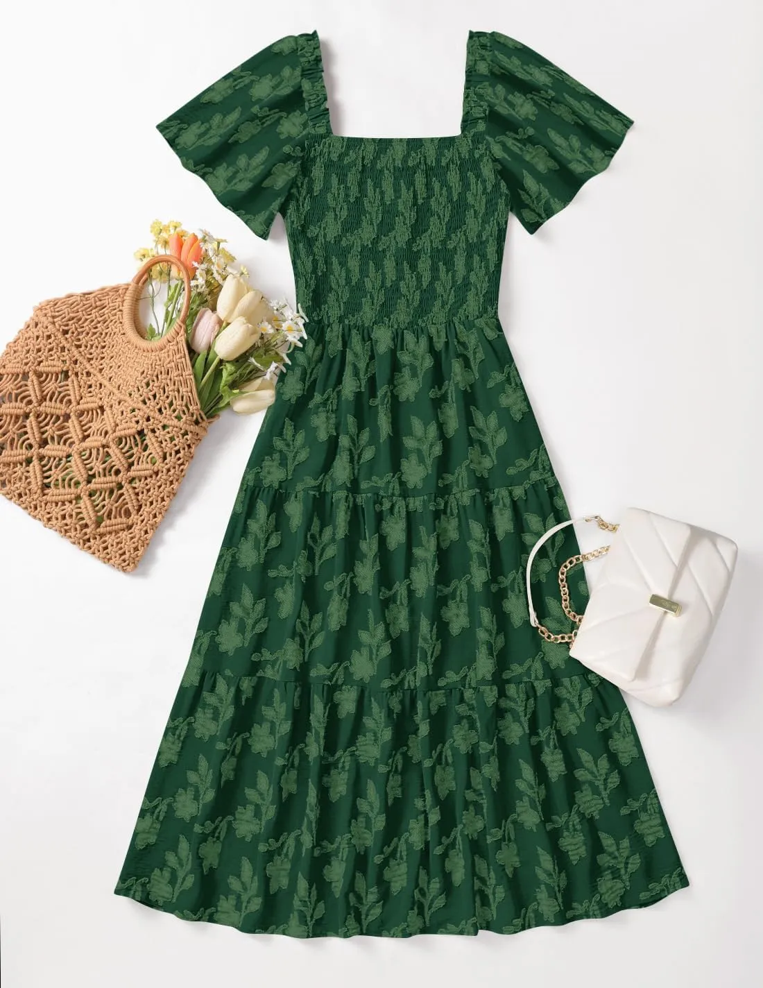 ZESICA Women's Summer Boho Floral Midi Dresses 2025 Casual Short Sleeve Square Neck Flowy Beach Vacation Long Dress