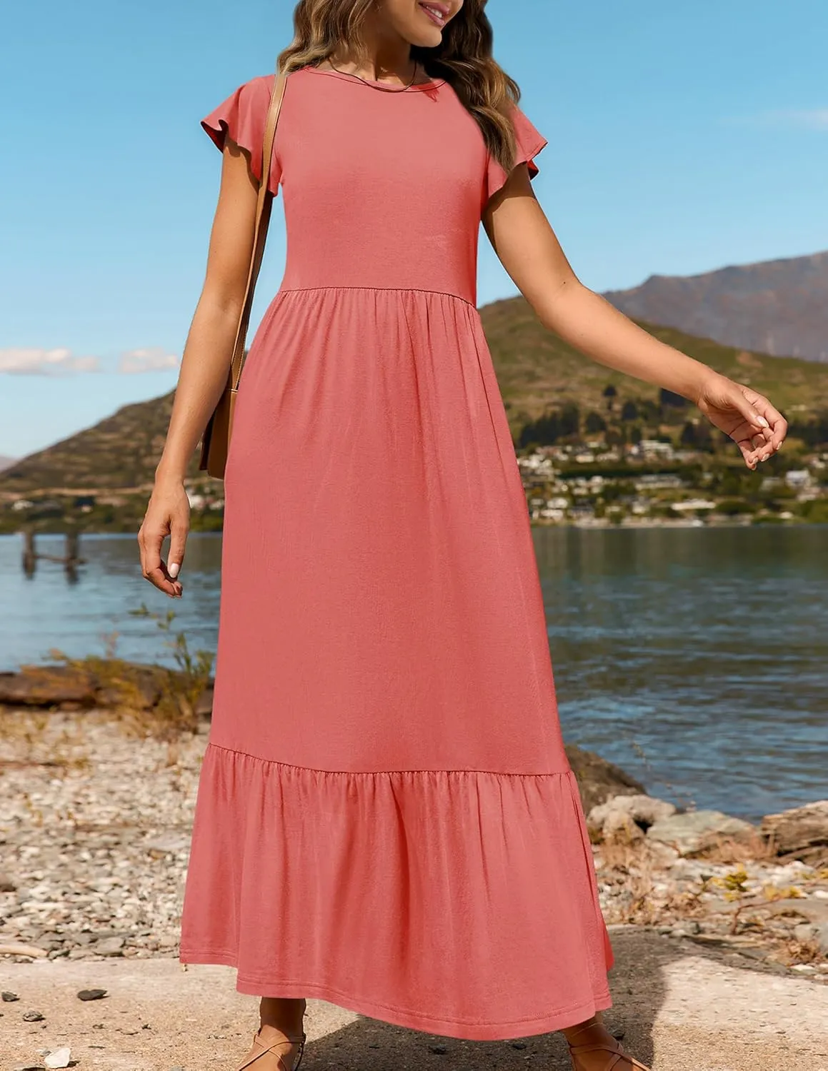 ZESICA Women's Summer Casual Dresses Flutter Short Sleeve Crewneck Loose Flowy Tiered Beach Maxi Dress with Pockets