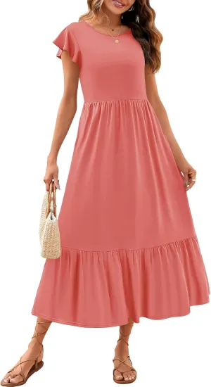 ZESICA Women's Summer Casual Dresses Flutter Short Sleeve Crewneck Loose Flowy Tiered Beach Maxi Dress with Pockets